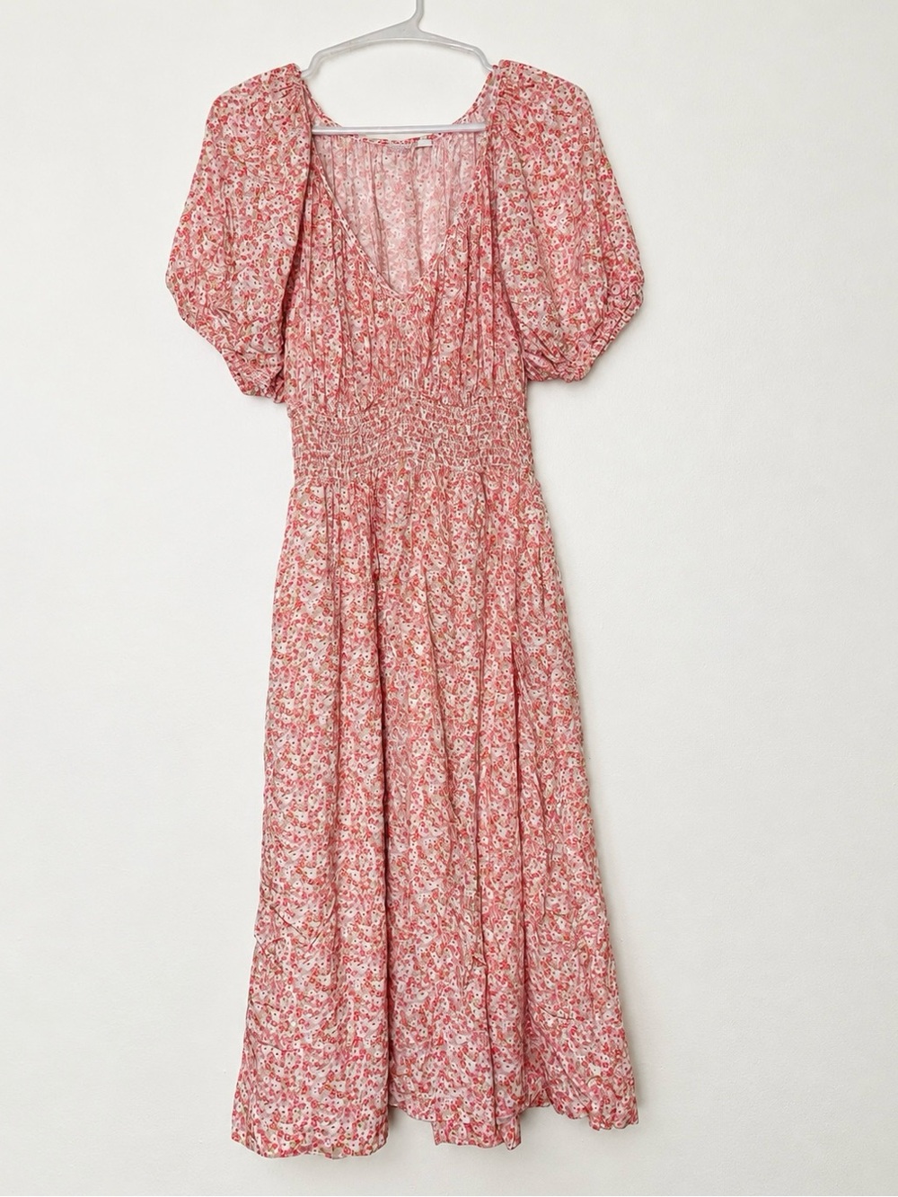 GAP Women’s Pink Floral Midi Dress with Puff Sleeves Size Medium V-neck
